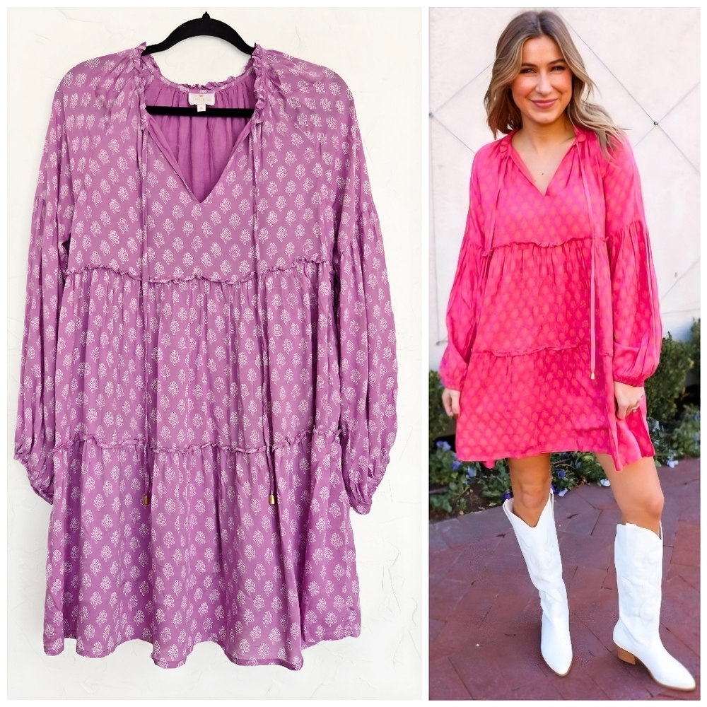J. Marie Tiered Boho Lavender Purple Long Sleeve Mia Dress, S